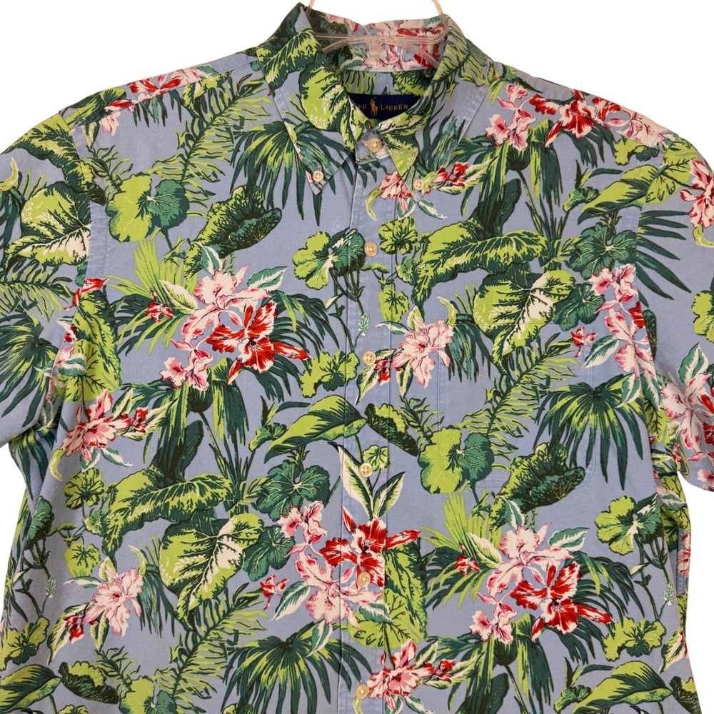 Ralph Lauren Shirt Button Down Mens Large Short Sleeve Blue Tropical Floral - Picture 4 of 14